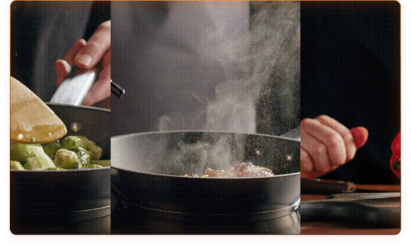 Cooking video with vegetables and sizzling meat